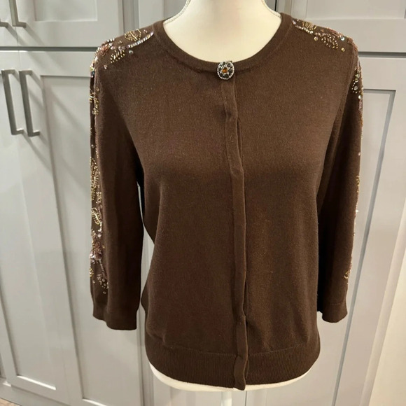 Classics Entier Beaded Wool Silk Cashmere‎ Brown Hidden Snap Cardigan Large - Picture 1 of 10